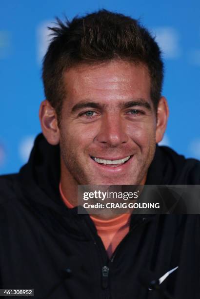 Juan Martin Del Potro of Argentina smiles during a press conference on day one of the Sydney International tennis tournament in Sydney on January 11,...