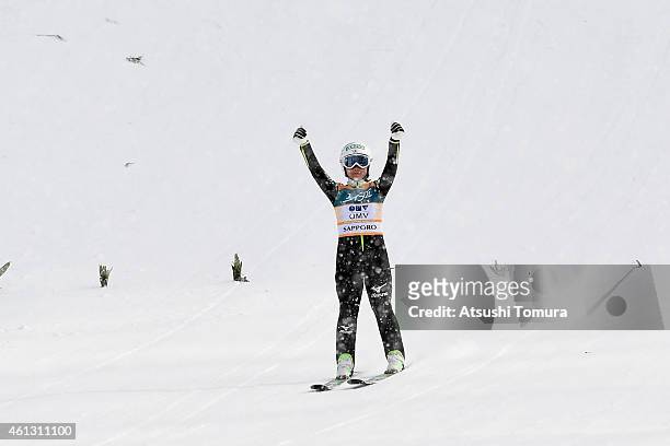 Sara Takanashi of Japan celebrates after the normal hill individual final round during the FIS Women's Ski Jumping World Cup Sapporo at Miyanomori...