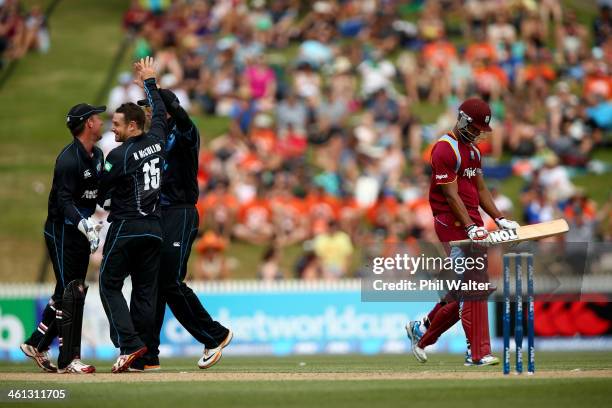 Kieran Powell of the West Indies walks off the field after being dismissed LBW by Nathan McCullum of New Zealand during game five of the One Day...