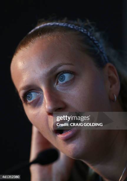 Petra Kvitova of the Czech Republic speaks during an interview on day one of the Sydney International tennis tournament in Sydney on January 11,...