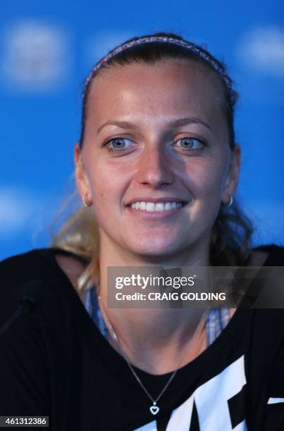 Petra Kvitova of the Czech Republic smiles during an interview on day one of the Sydney International tennis tournament in Sydney on January 11,...