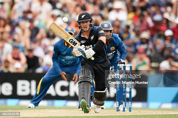 Nathan McCullum of New Zealand bats during the One Day International match between New Zealand and Sri Lanka at Hagley Oval on January 11, 2015 in...