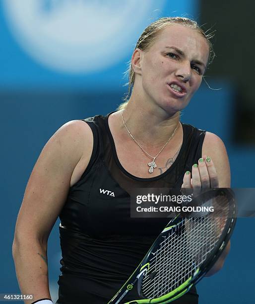 Svetlana Kuznetsova of Russia after a miss hit against Madison Keys of the US on day one of the Sydney International tennis tournament in Sydney on...