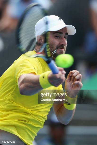 Steve Johnson of USA plays a forehand during his match against Kevin Anderson of South Africa on day three of the Heineken Open at ASB Tennis Centre...