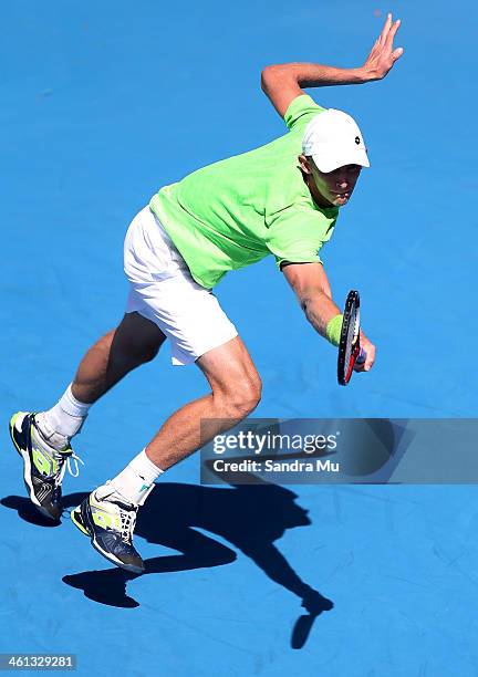 Kevin Anderson of South Africa plays a backhand during his match against Steve Johnson of USA on day three of the Heineken Open at ASB Tennis Centre...