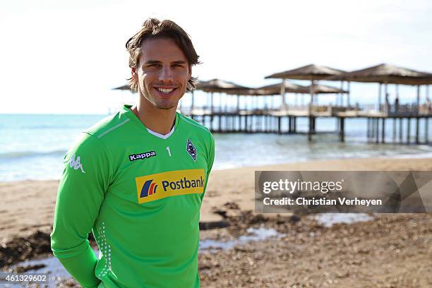 Yann Sommer of Borussia Moenchengladbach poses for a photo at the beach on day four of Borussia Moenchengladbach training camp on January 11, 2015 in...