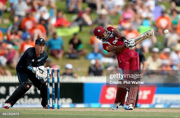 Dwayne Bravo of the West Indies bats during game five of the One Day International Series between New Zealand and the West Indies at Seddon Park on...