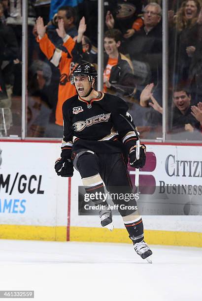 Andrew Cogliano of the Anaheim Ducks celebrates a shorthanded goal against the Boston Bruins in the second period at Honda Center on January 7, 2014...