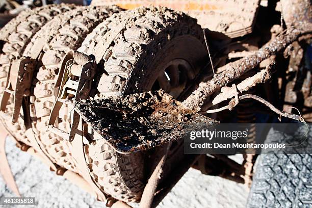 Detailed view of the shovel and spare tyres covered in mud, dirt and salt on the vehicle of Alvaro Chicharro and Alvaro Chicharro Jnr. Of Chile for...