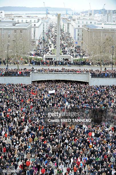 Some 30000 people take part in a Unity rally Marche Republicaine on January 11, 2015 in Brest, western France, in tribute to the 17 victims of the...