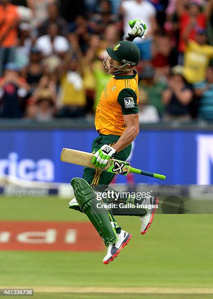 Faf du Plessis of South Africa celebrates his century during the 2nd KFC T20 International match between South Africa and West Indies at Bidvest...