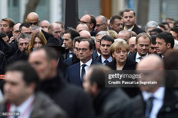 Carla Bruni-Sarkozy, Francois Hollande, Manuel Valls Angela Merkel attend a mass unity rally following the recent terrorist attacks on January 11,...