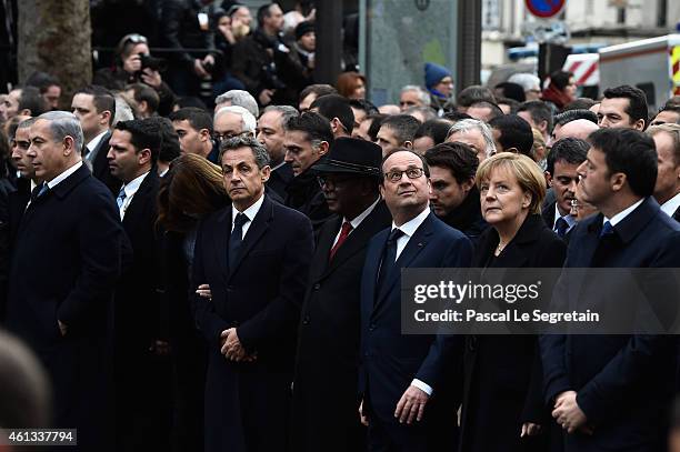 Benyamin Netanyaou, Nicolas Sarkozy, Ibrahim Boubakar Keita, Francois Hollande, Angela Merkel and Matteo Renzi walk during a mass unity rally...