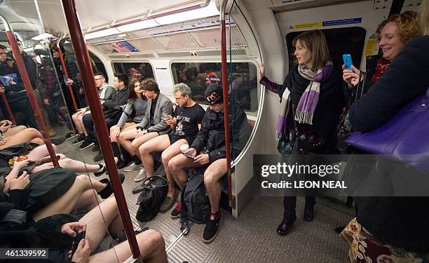 People take part in the annual "No Trousers On The Tube Day" event in central London on January 11, 2015. Originally started in the US, the...
