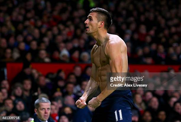 Dusan Tadic of Southampton after scoring the opening goal during the Barclays Premier League match between Manchester United and Southampton at Old...