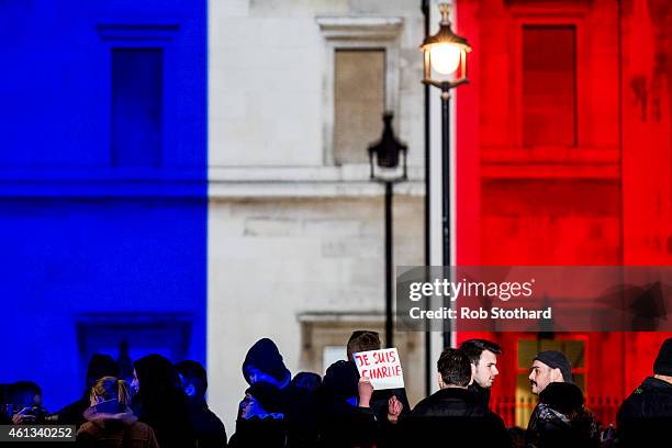The National Gallery is lit in the blue, white and red colours of the national flag of France in tribute to the victims of the terrorist attacks in...