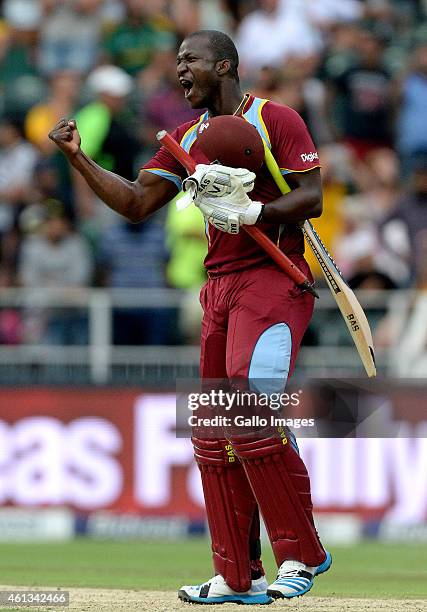 Darren Sammy of West Indies celebrates after hitting the winning runs during the 2nd KFC T20 International match between South Africa and West Indies...