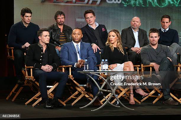 Actors Colton Haynes, David Ramsey, Katie Cassidy, Stephen Amell, actors Brandon Routh, Matt Nable and John Barrowman, executive producers Marc...