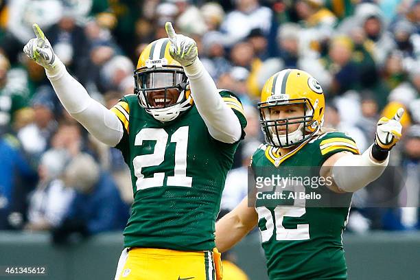 Ha Ha Clinton-Dix and Clay Matthews of the Green Bay Packers react during the 2015 NFC Divisional Playoff game against the Dallas Cowboys at Lambeau...