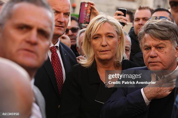 French Front National party president Marine Le Pen takes part in a Unity rally "Marche Republicaine" on January 11, 2015 in Beaucaire, France. The...