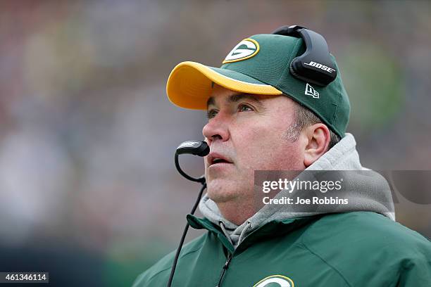 Head coach of the Green Bay Packers, Mike McCarthy, looks on during the 2015 NFC Divisional Playoff game against the Dallas Cowboys at Lambeau Field...