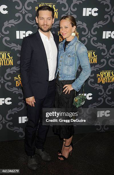 Actor Tobey Maguire and wife Jennifer Meyer arrive at the Los Angeles premiere of "The Spoils Of Babylon" at DGA Theater on January 7, 2014 in Los...