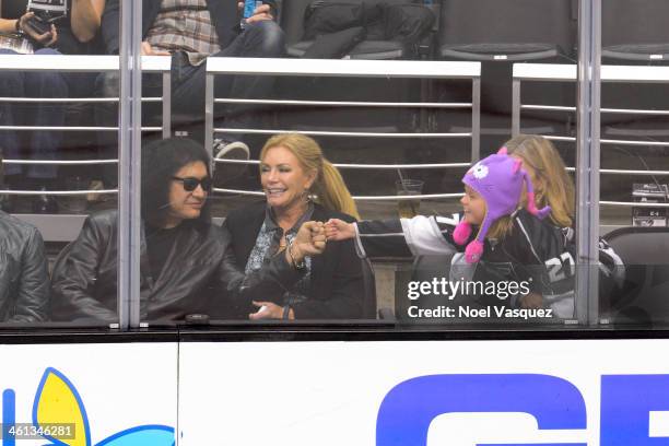 Gene Simmons and Shannon Tweed attend a hockey game betweent the Minnesota Wild and the Los Angeles Kings at Staples Center on January 7, 2014 in Los...