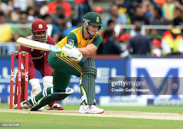 David Miller of South Africa reverse sweeps during the 2nd KFC T20 International match between South Africa and West Indies at Bidvest Wanderers...