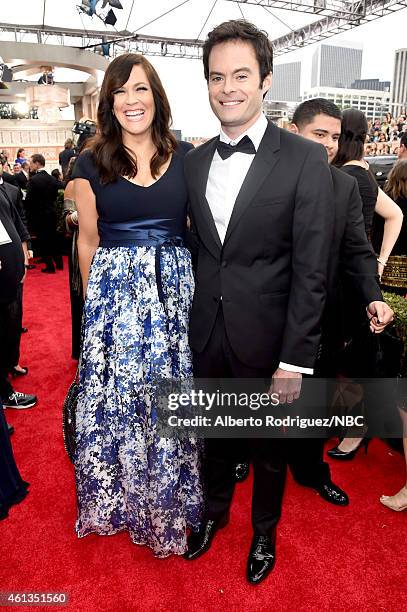 72nd ANNUAL GOLDEN GLOBE AWARDS -- Pictured: Director Maggie Carey and actor Bill Hader arrive to the 72nd Annual Golden Globe Awards held at the...