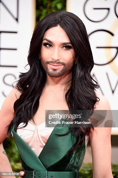 Singer Conchita Wurst attends the 72nd Annual Golden Globe Awards at The Beverly Hilton Hotel on January 11, 2015 in Beverly Hills, California.