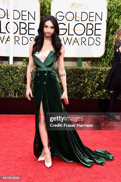 Singer Conchita Wurst attends the 72nd Annual Golden Globe Awards at The Beverly Hilton Hotel on January 11, 2015 in Beverly Hills, California.