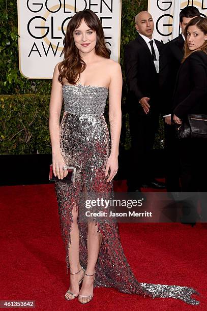 Actress Dakota Johnson attends the 72nd Annual Golden Globe Awards at The Beverly Hilton Hotel on January 11, 2015 in Beverly Hills, California.