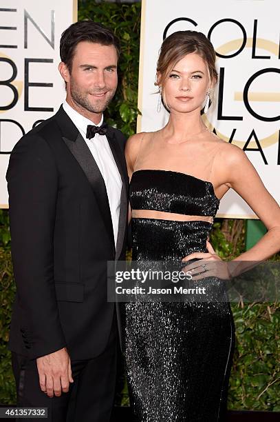 Singer Adam Levine and model Behati Prinsloo attend the 72nd Annual Golden Globe Awards at The Beverly Hilton Hotel on January 11, 2015 in Beverly...