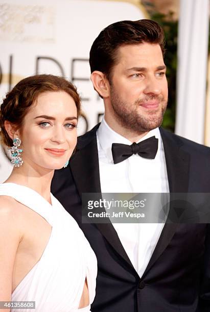 Actress Emily Blunt and actor John Krasinski attend the 72nd Annual Golden Globe Awards at The Beverly Hilton Hotel on January 11, 2015 in Beverly...