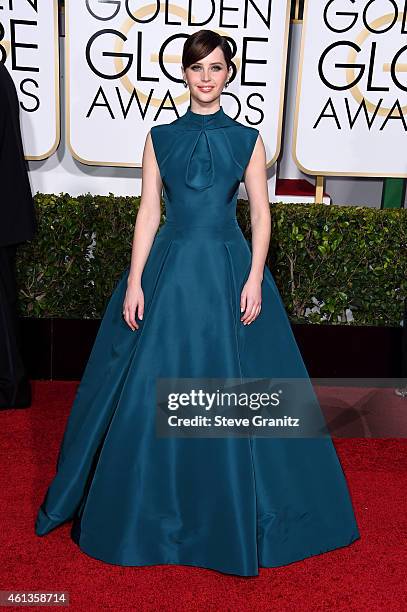 Actress Felicity Jones attends the 72nd Annual Golden Globe Awards at The Beverly Hilton Hotel on January 11, 2015 in Beverly Hills, California.