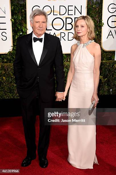 Actors Harrison Ford and Calista Flockhart attend the 72nd Annual Golden Globe Awards at The Beverly Hilton Hotel on January 11, 2015 in Beverly...