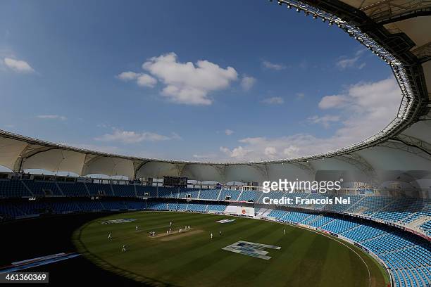 General view of the Dubai Sports City Cricket Stadium during the first day of the second Test match between Pakistan and Sri Lanka at the Dubai...