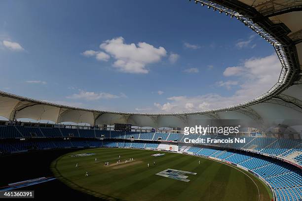 General view of the Dubai Sports City Cricket Stadium during the first day of the second Test match between Pakistan and Sri Lanka at the Dubai...