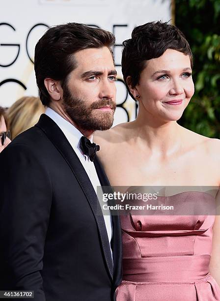 Actors Jake Gyllenhaal and Maggie Gyllenhaal attend the 72nd Annual Golden Globe Awards at The Beverly Hilton Hotel on January 11, 2015 in Beverly...