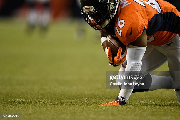 Rahim Moore of the Denver Broncos intercepts a pass in the third quarter. The Denver Broncos played the Indianapolis Colts in an AFC divisional...