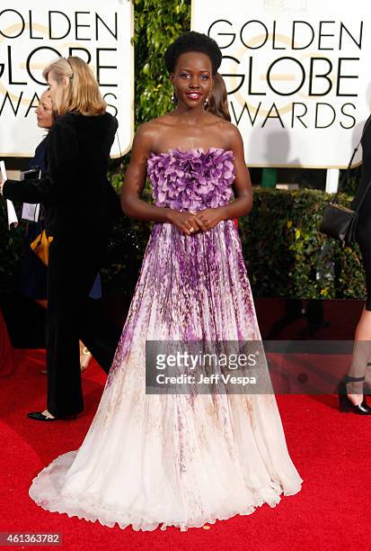 Actress Lupita Nyong'o attends the 72nd Annual Golden Globe Awards at The Beverly Hilton Hotel on January 11, 2015 in Beverly Hills, California.