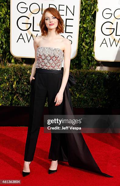 Actress Emma Stone attends the 72nd Annual Golden Globe Awards at The Beverly Hilton Hotel on January 11, 2015 in Beverly Hills, California.