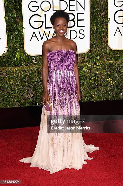 Actress Lupita Nyong'o attends the 72nd Annual Golden Globe Awards at The Beverly Hilton Hotel on January 11, 2015 in Beverly Hills, California.