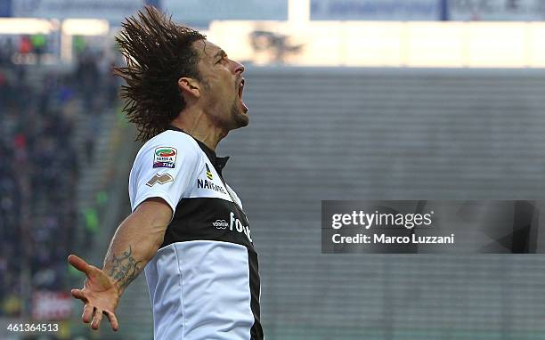 Amauri Carvalho De Oliveira of Parma FC celebrates his goal during the Serie A match between Parma FC and Torino FC at Stadio Ennio Tardini on...