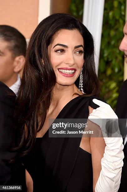 Lawyer Amal Alamuddin Clooney attends the 72nd Annual Golden Globe Awards at The Beverly Hilton Hotel on January 11, 2015 in Beverly Hills,...