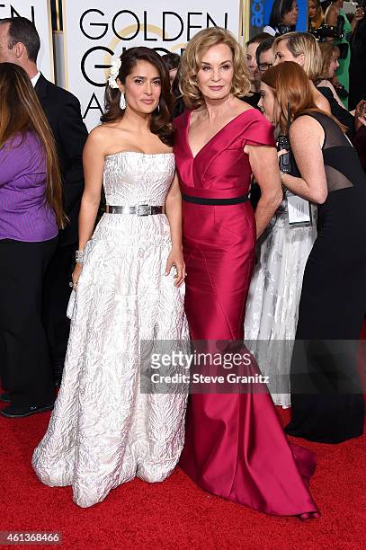 Actors Salma Hayek and Jessica Lange attend the 72nd Annual Golden Globe Awards at The Beverly Hilton Hotel on January 11, 2015 in Beverly Hills,...