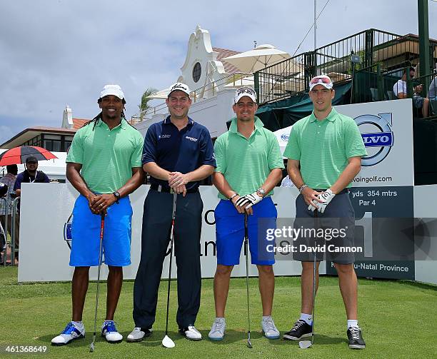 David Howell of England and his playing partners , Odwa Ndungane, Daryn Smit and Kyle Abbott of South Africa during the pro-am as a preview for the...