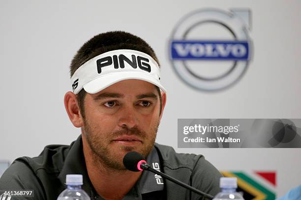 Louis Oosthuizen of South Africa speaks to the press during a press conferences at the 2014 Volvo Golf Champions at Durban Country Club on January 8,...