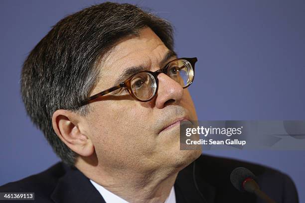 Treasury Secretary Jack Lew speaks to the media with German Finance Minister Wolfgang Schaeuble following talks at the Finance Ministry on January 8,...