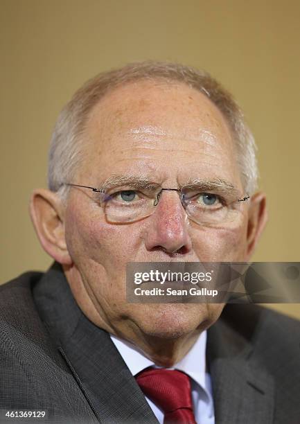 German Finance Minister Wolfgang Schaeuble speaks to the media following talks with U.S. Treasury Secretary Jack Lew at the Finance Ministry on...